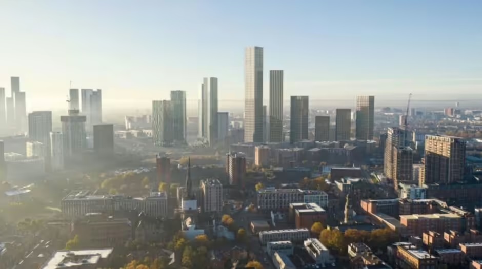 Aerial view of Salford, Greater Manchester, showing a proposed skyscraper development.