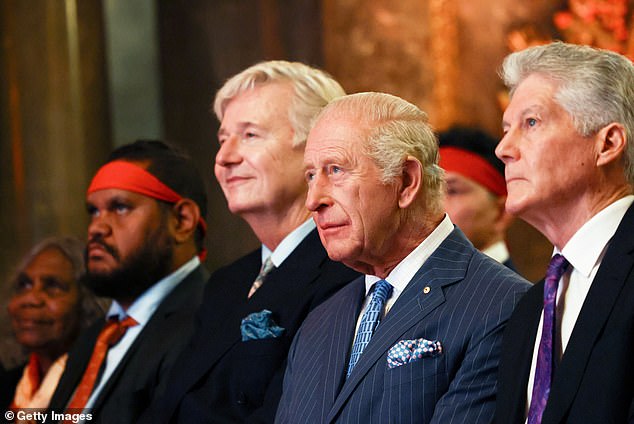 The King watched a group of Aboriginal Australians perform a traditional dance and song as part of the celebration