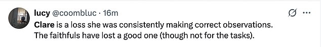 Clare’s banishment at the round table sparked a wave of reactions from fans, many of whom admitted they were ‘gutted’