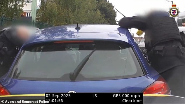 Officers from Avon and Somerset Police were able to finally apprehend him (pictured) - in quite a dramatic way