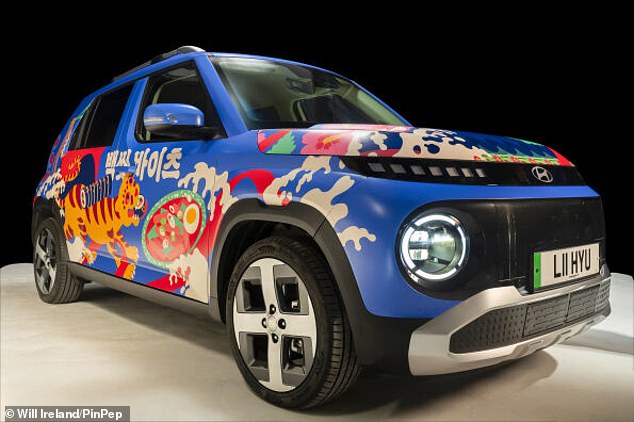 The 4m long, just over 1.5m and 1.6m tall city EV is complete with bespoke Korean street art by illustrator Yoy Ha