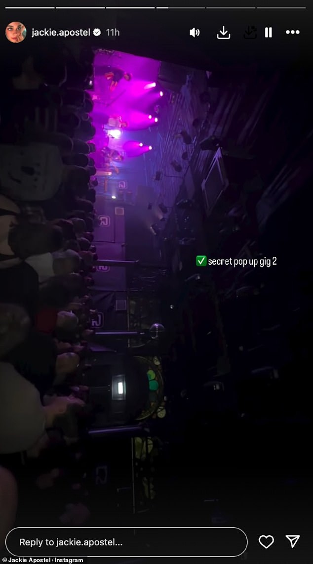 Taking to her Instagram Stories Jackie shared footage of Cruz on stage as he rocked out with his guitar and wrote: 'Secret pop up gig 2'