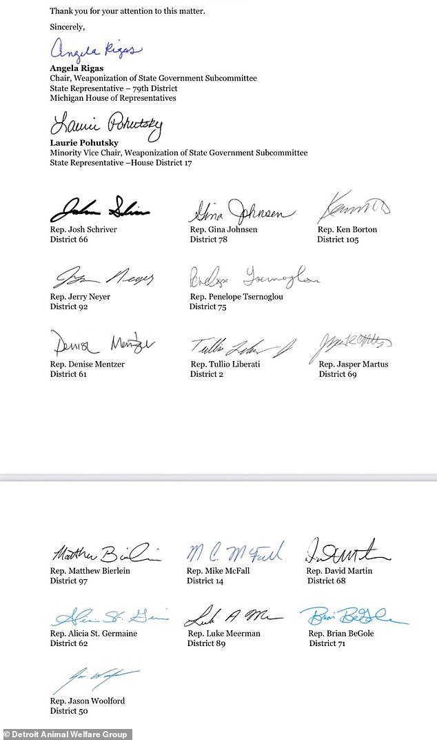 Lawmakers said Peanut's situation is part of a bigger pattern of 'government overreach' and blatant disregard for 'compassion and common sense' (pictured: signatures of lawmakers on letter)