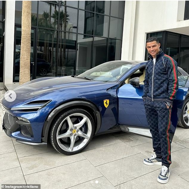 Ronaldo showed off the latest addition to his extensive supercar collection in January 2024 - a dark blue £400,000 Ferrari