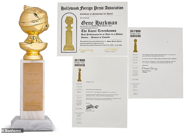 The auction also includes Hackman's best actor trophy for Wes Anderson's dramedy The Royal Tenenbaums (pictured) and a final honorary Cecil B. DeMille Award, which is given for 'outstanding contributions to the world of entertainment'