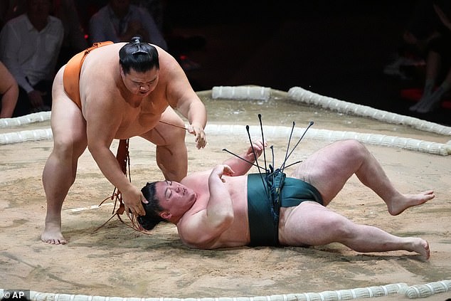 Sumo wrestlers Tokihayate and Mitakeumi are seen tussling during their bout on October 15