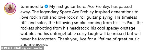 Tom Morello - who is known for being a part of the band Rage Against The Machine - also shared a message on Instagram alongside a photo of the late guitarist