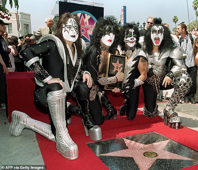 The Hollywood Walk of Fame uploaded a photo of the band when they received their star back in 1999; Frehley (far left) seen with Stanley, Criss and Simmons