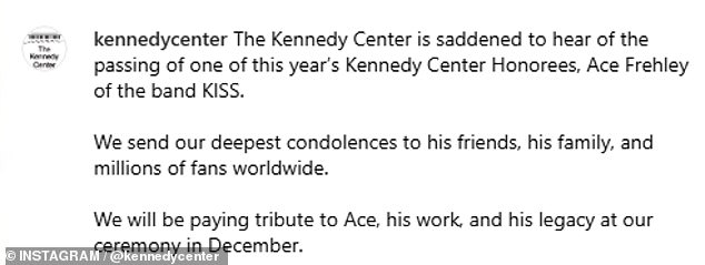 'We send our deepest condolensces to his friends, his family, and millions of fans worldwide. We will be paying tribute to Ace, his work, and his legacy at our ceremony in December,' the message also read