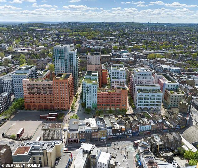 A CGI image of the proposed redevelopment of Aylesham shopping centre in Peckham. The plans, submitted by Berkeley Homes, would see 867 homes built. But the project has proven controversial after they lowered the proportion of affordable houses from 35 per cent to 12 per cent last December