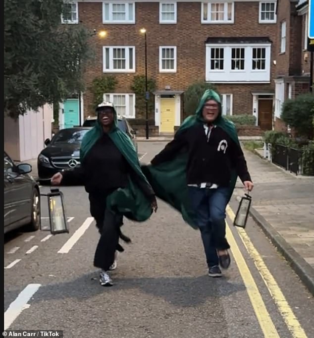 The pair are seen skipping down the street together to Dolly Parton's 9 To 5 in the clip