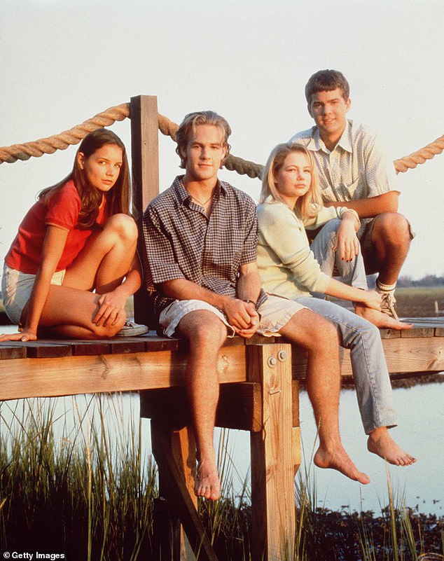The cast of Dawson's Creek in 1997. From left to right are Holmes, James Van Der Beek, Michelle Williams and Jackson