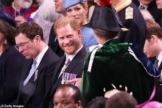 Prince Harry appeared to chat happily to Princess Anne at the Coronation