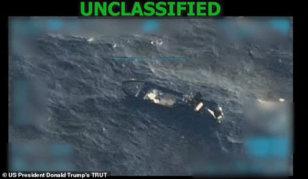 The US military carried out a new strike on Thursday against a suspected drug vessel in the Caribbean, and in what is believed to be the first such case, there were survivors among the crew. Pictured: the wreckage from one of the five previous attacks the Pentagon has made against what they call narcoterrorists