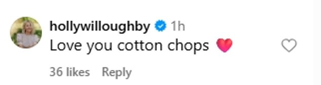 Her close pal Holly commented underneath saying: 'Love you cotton chops'