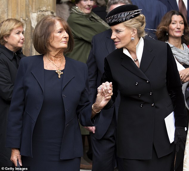 Lady Annabel is supported by Princess Michael of Kent at a memorial service for her brother, Alistair Vane-Tempest-Stewart, 9th Marquess of Londonderry
