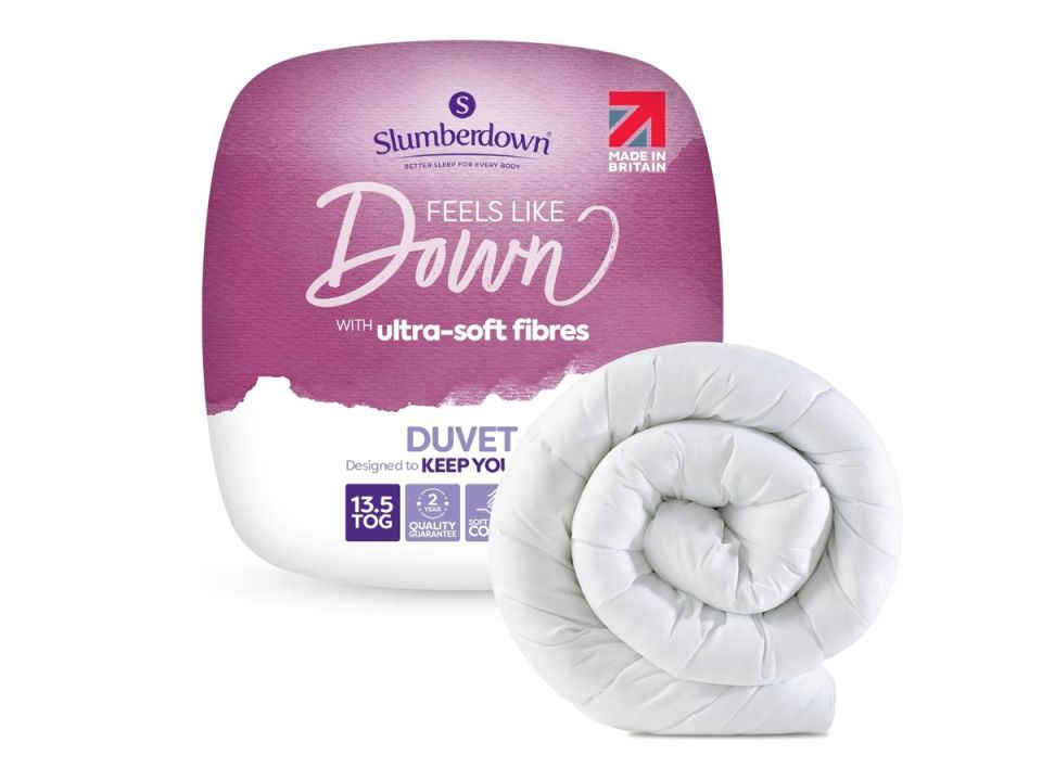 Slumberdown Feels Like Down Duvet with ultra-soft fibers, 13.5 TOG, 2-year quality guarantee, Made in Britain, with a white rolled-up duvet.