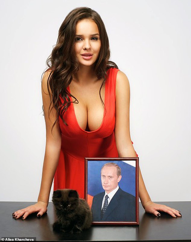 Pictured: Alisa Kharcheva, a 17-year-old female student posed in a camisole for a birthday calendar for Putin, alongside the caption: ‘Vladimir Vladimirovich, you are the best!’