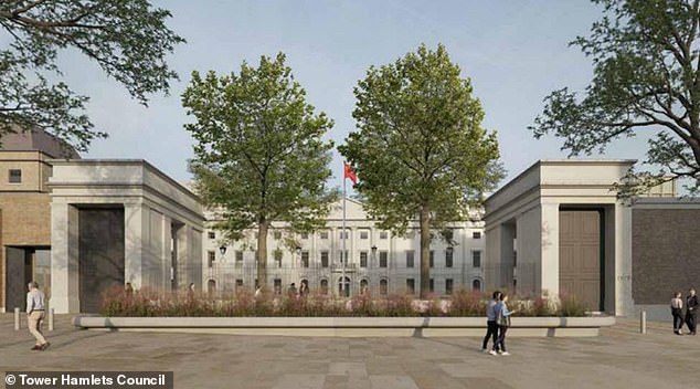 An artist's illustration of the proposed frontage of the Chinese 'super-embassy' in Tower Hamlets, east London