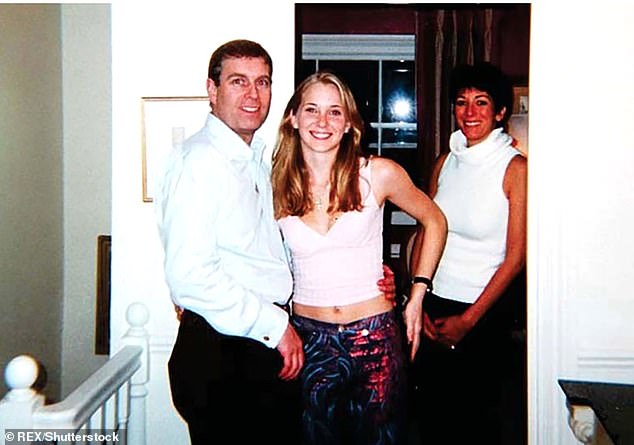 A grinning Andrew with his arm slung around the bare midriff of 17-year-old Virginia Giuffre (then Roberts), with Ghislaine Maxwell smiling beside them