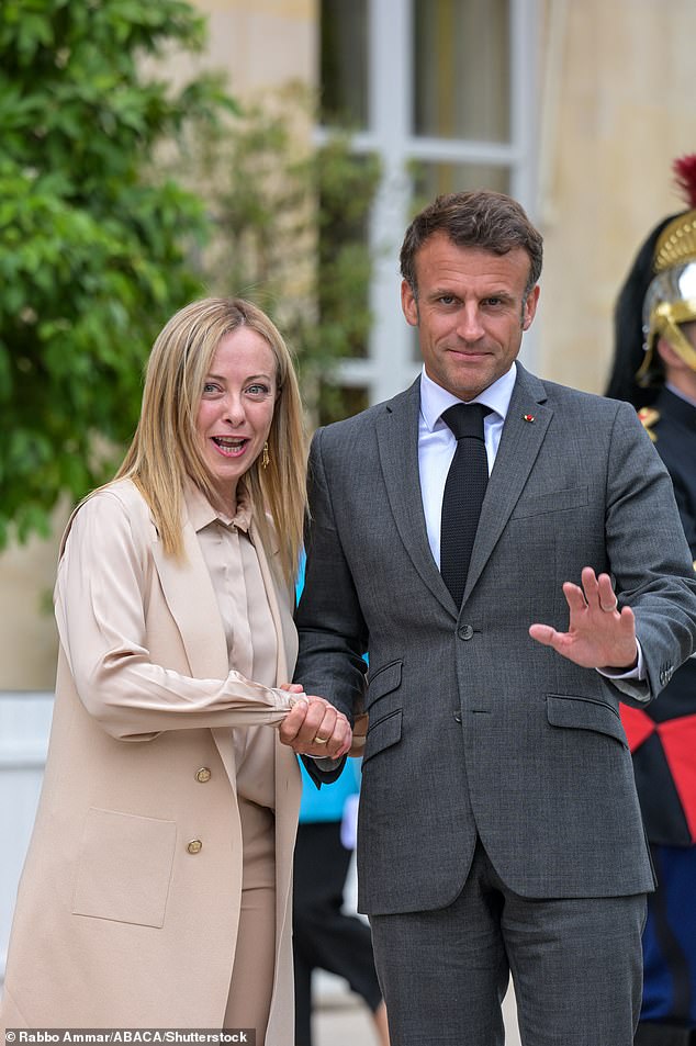 French president Emmanuel Macron receives Italian Prime Minister Giorgia Meloni at the Elysee Palace in Paris, France, on June 20th, 2023