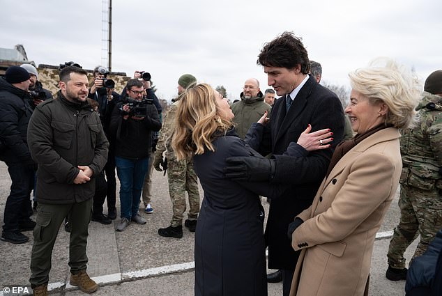 Italian Prime Minister Giorgia Meloni greets former Canadian Prime Minister, Justin Trudeau