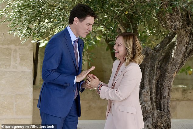 Former Prime Minister Of Canada Justin Trudeau welcomed to the G7 Summit by Prime Minister Giorgia Meloni at Borgo Egnazia (Brindisi) In Italy on 13 June 2024