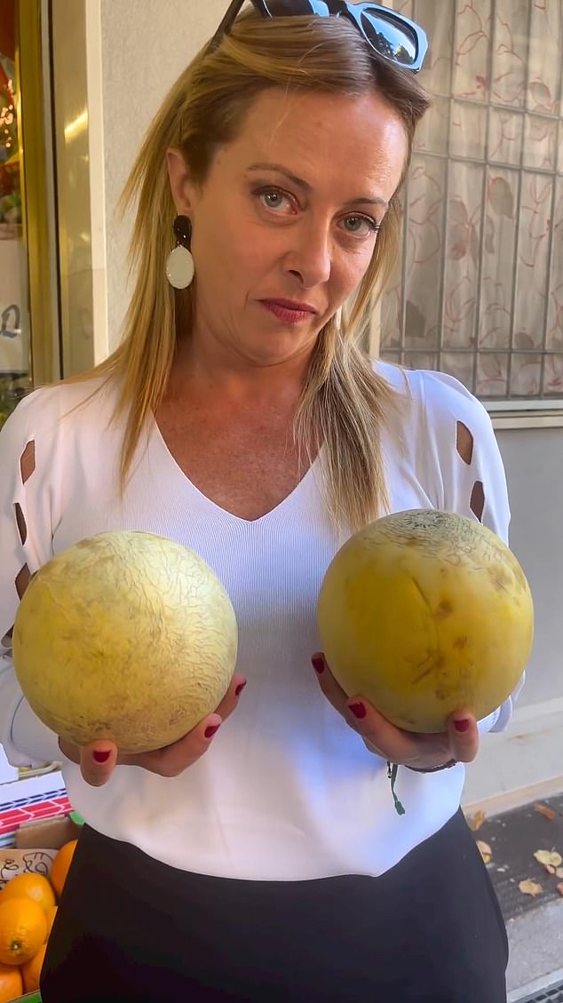 In a cheeky video posted on election day, Meloni made a pun on her surname by holding up two melons and winking into the camera