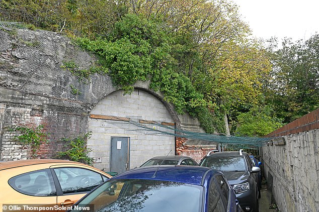 The netting (pictured) was put up to prevent the cars being damaged from youngsters throwing bricks