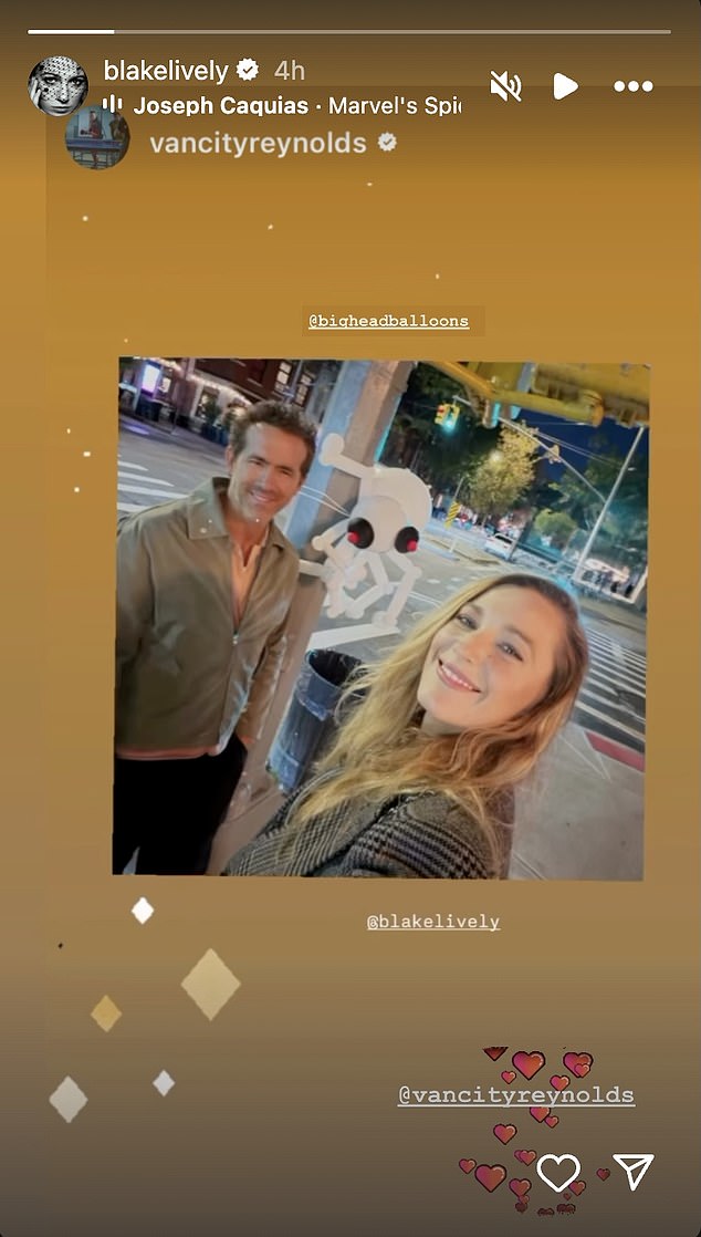 On Saturday, Reynolds, 48, took to Instagram to uploaded a selfie he took with Lively, 38. The actress, 38, then reposted it to her own Instagram Story