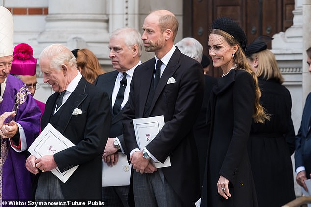 Internal talks on Andrew's future in the Royal Family began weeks ago after Prince William was left 'seething' by his uncle's behaviour at the Duchess of Kent's funeral last month (pictured)