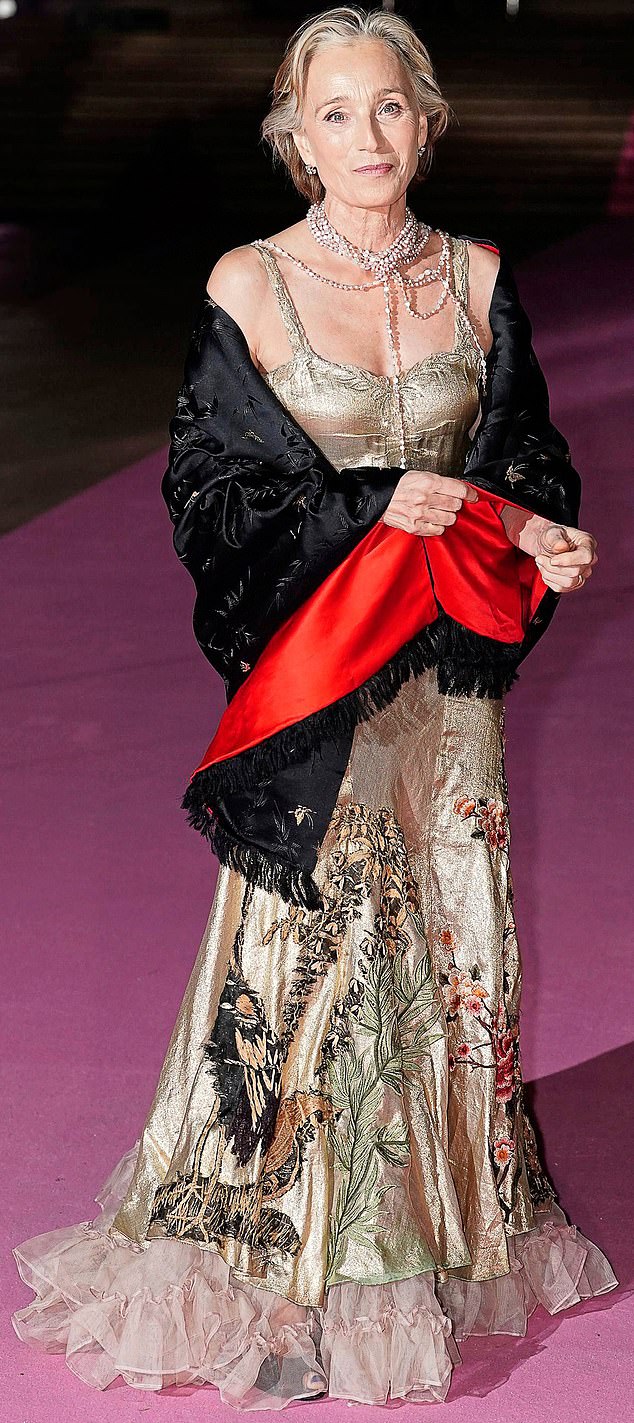 She was joined by Slow Horses actress Kristin Scott Thomas, who wowed in a gold frock (pictured)
