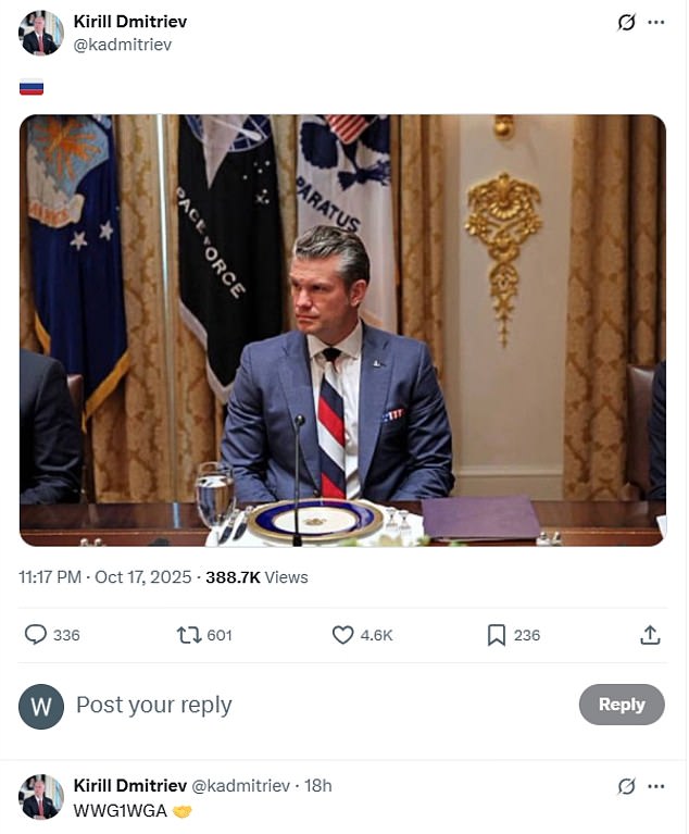 Dmitriev sent a Russian flag emoji above a picture of Hegseth wearing a red, white and blue striped tie to a meeting with Volodymyr Zelensky at the White House on Friday - and followed it up with a bizarre reference to QANON