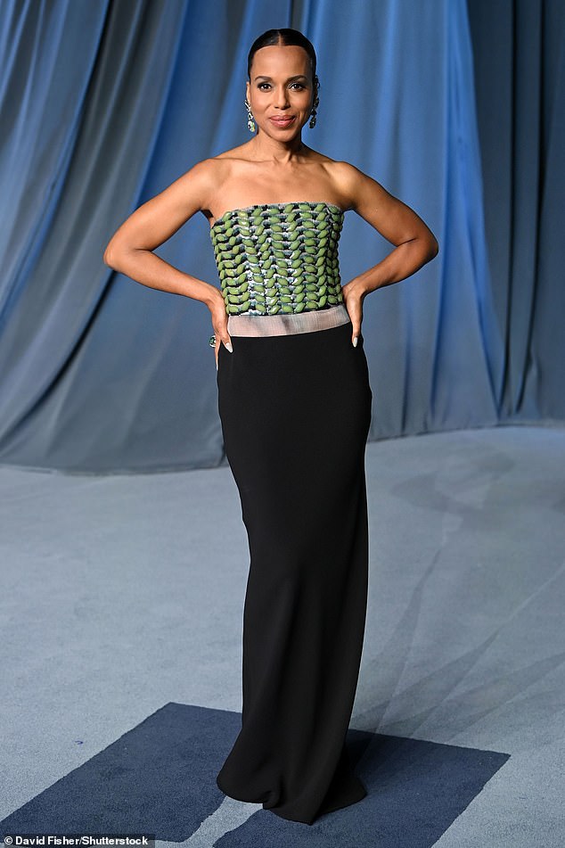 Kerry Washington struck a pose while donning an ensemble with a green-embellished bodice as well as a black skirt