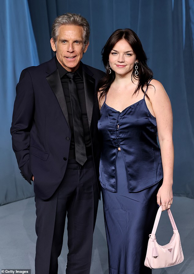 Ben Stiller wore a dark navy suit and was joined by his daughter Ella who sported a dark navy satin ensemble