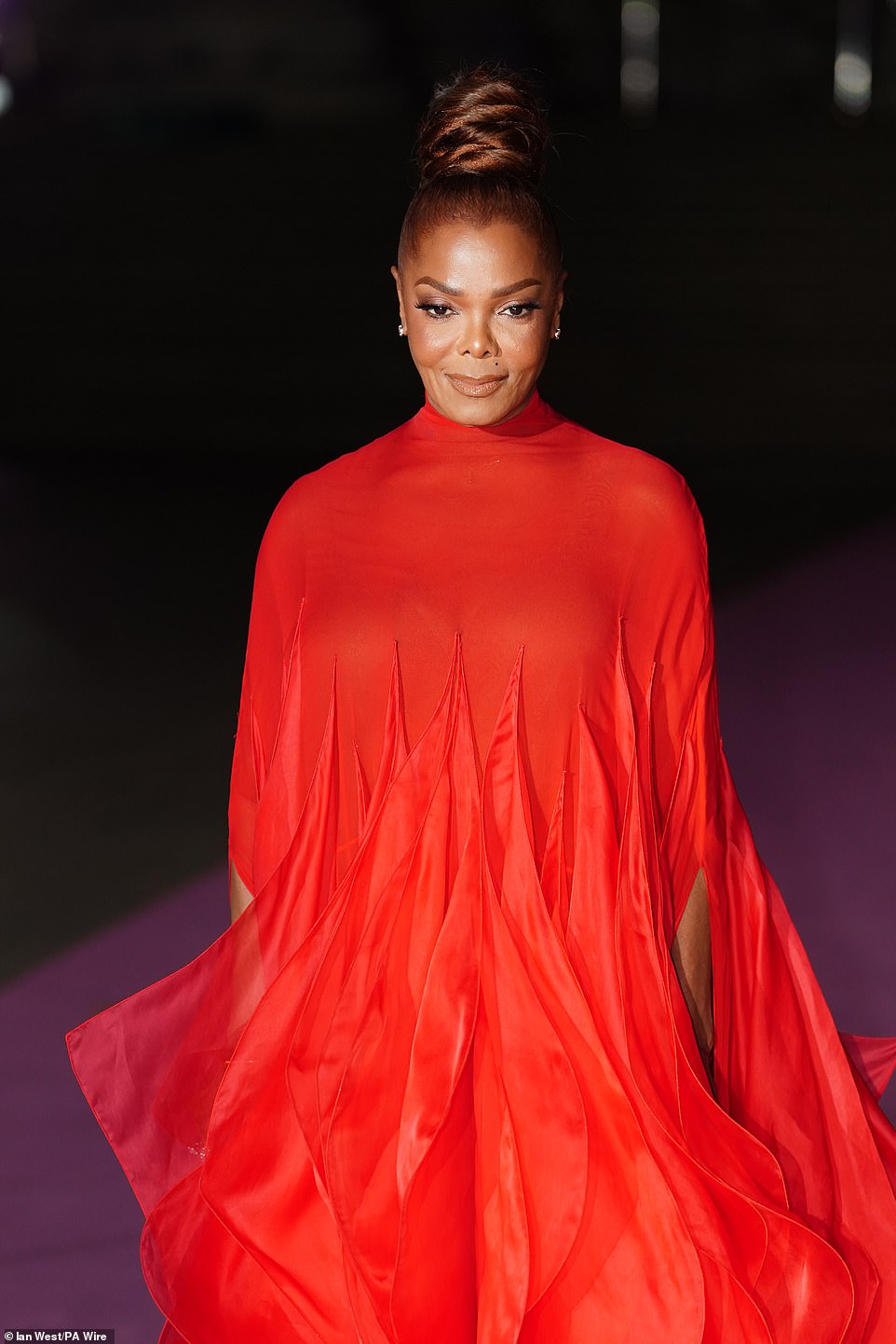 Janet swept her brunette locks in a twisted top knot and accessorised with a delicate pair of diamond stud earrings