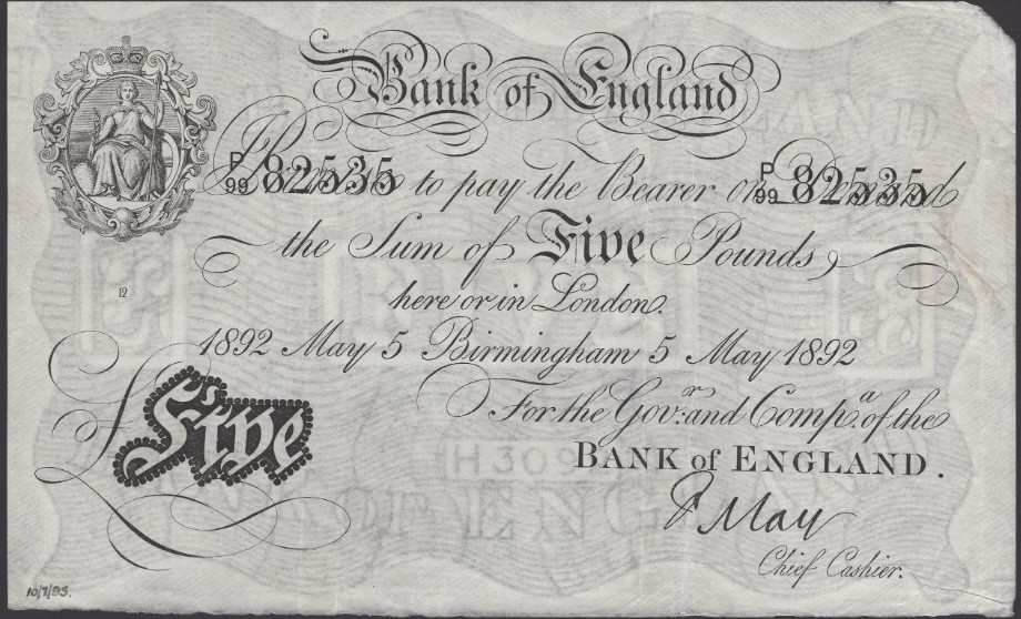 Bank of England banknote for five pounds from 1892.