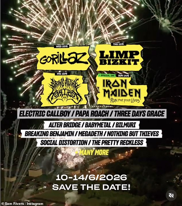 While Rivers added a second photo showing the line-up for Rock For People festival, set to take place between June 10 to 14 at Park 360 in Czechia