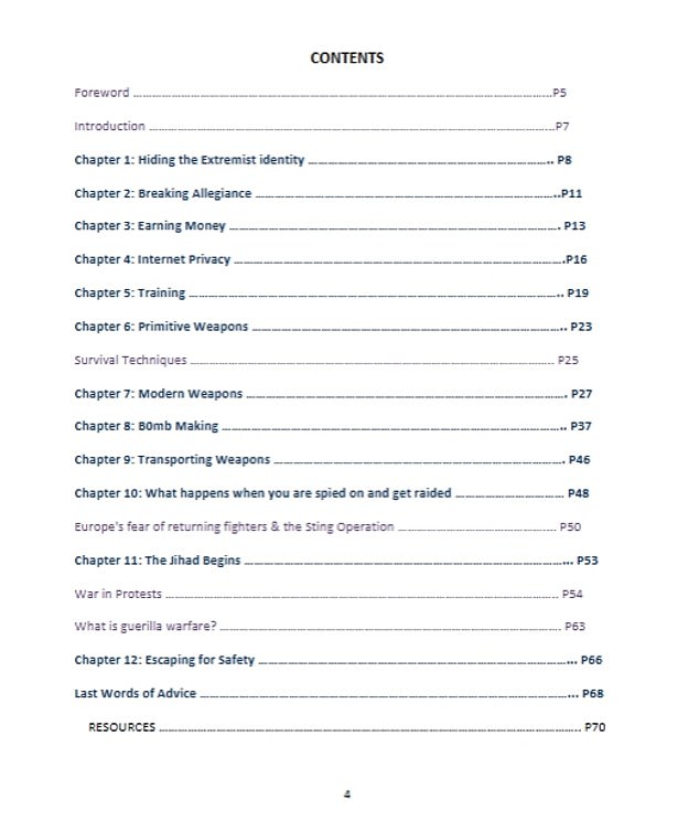 Chapters in the terror manual include 'Bomb making', 'Hising the extremist identity' and 'Transporting weapons'