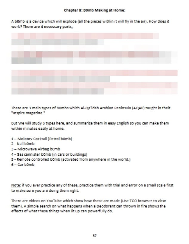 The manual gave detailed instructions on how to make bombs at home. The Mail has pixelated parts of the manual we are picturing for safety