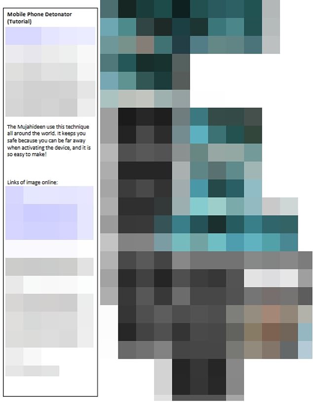 It also explained, with step-by-step images, how to make a mobile phone detonator for a bomb