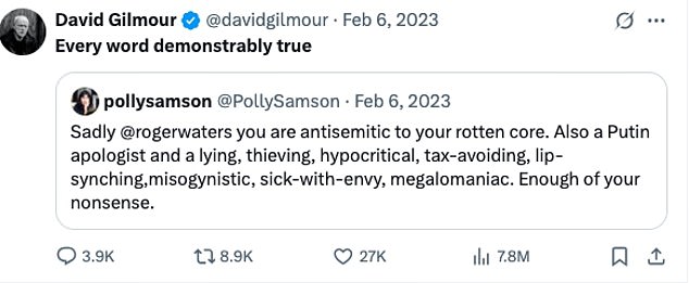 Gilmour's wife Polly Samson hit out at Waters in 2023 accusing him of being 'antisemitic to his rotten core' in an online row over Israel and Ukraine, with Gilmour supporting her claims