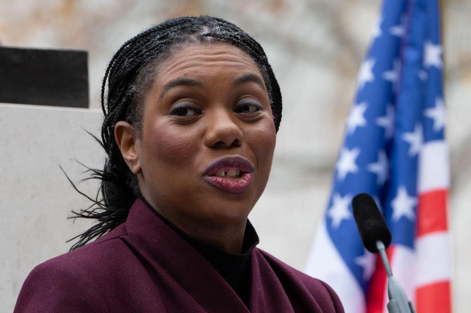 Kemi Badenoch speaking at the Ronald Reagan statue rededication ceremony in Grosvenor Square, London.