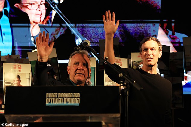 Witkoff and Kushner are pictured speaking to a crowd after hostages were released in Israel