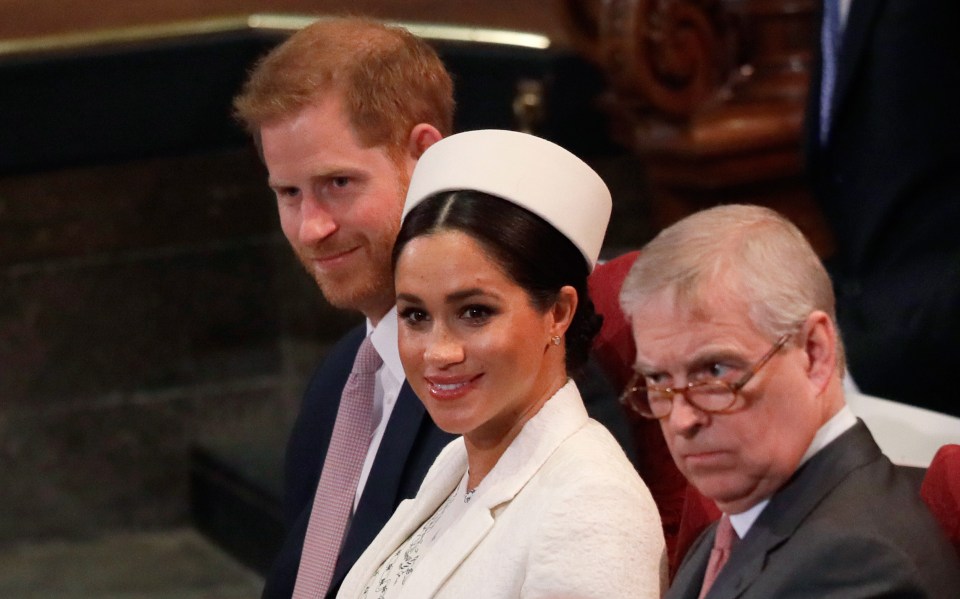 Prince Harry, Meghan Markle, and Prince Andrew attending the Commonwealth Day service at Westminster Abbey.