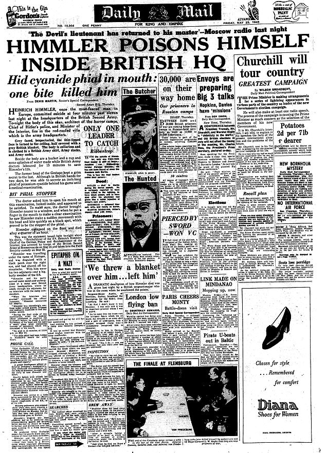 The Mail front page on May 25, 1945, announcing that Himmler had killed himself