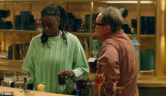 The contestants on the show are often seen behind the bar at the castle pouring a variety of boozy beverages (Cat Burns and Alan Carr pictured)