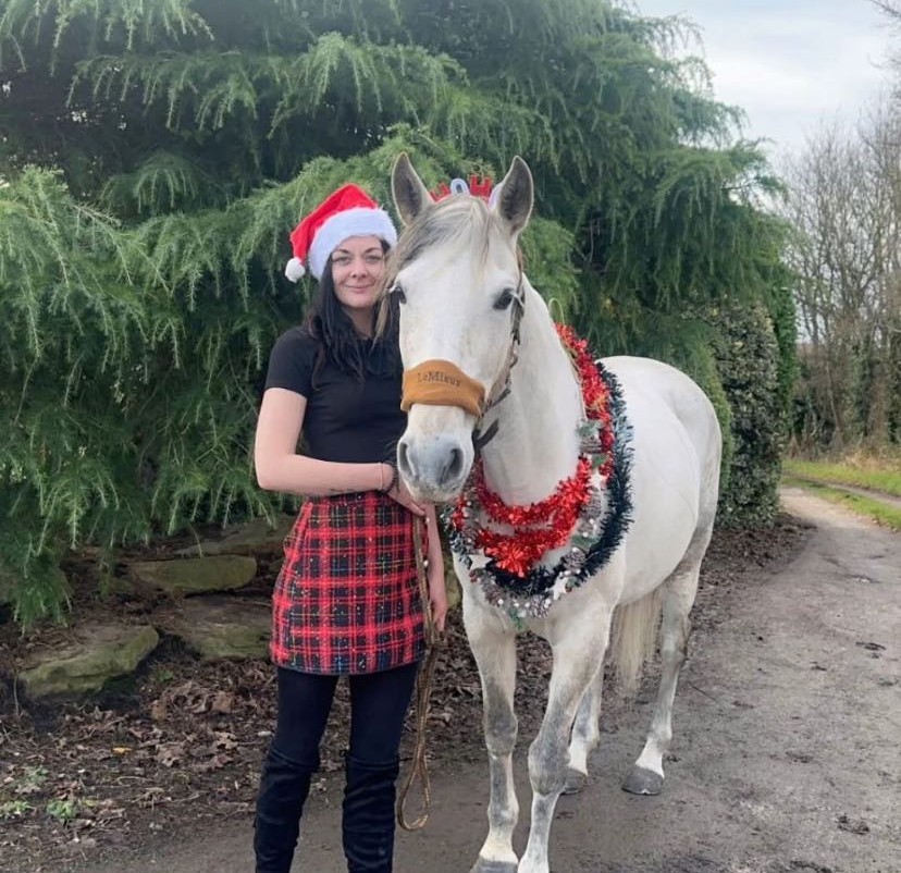 Person in a Santa hat standing next to a horse decorated with Christmas tinsel.