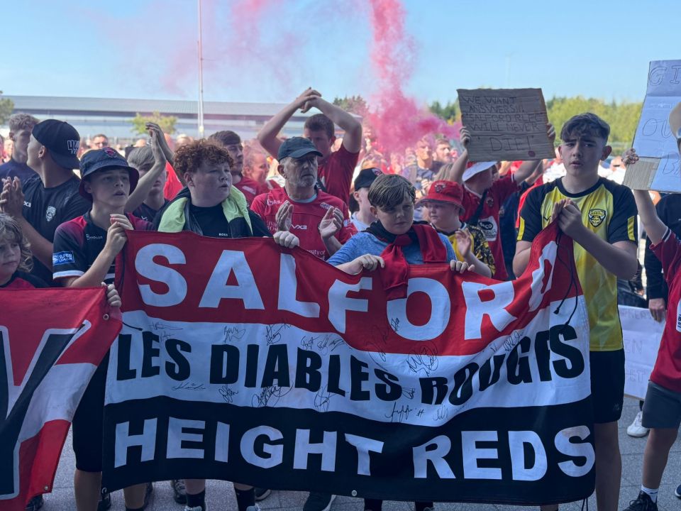 Salford rugby league fans protesting against owners.