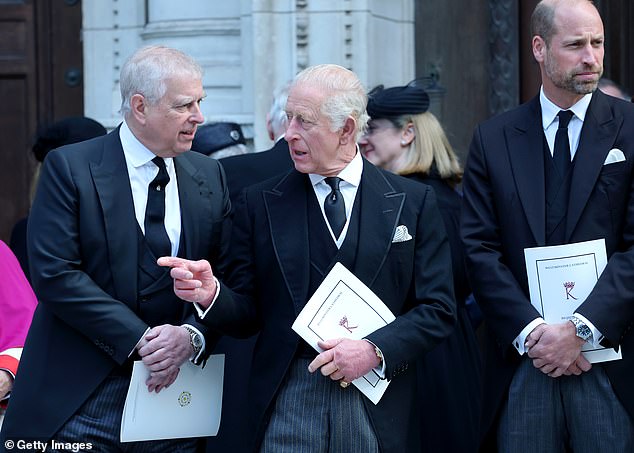 The Royal Family is bracing for more days of pain ahead over the Prince Andrew scandal. Pictured: Andrew, King Charles and Prince William at the funeral of the Duchess of Kent at Westminster Cathedral on September 16